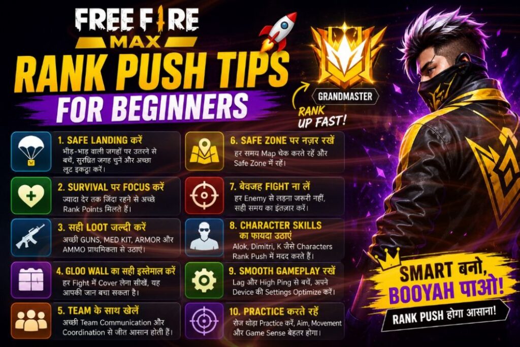 Free Fire MAX Rank Push Tips for Beginners thumbnail showing rank push strategy, safe landing, survival tips and team gameplay.