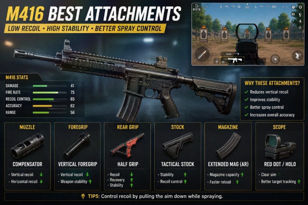 BGMI M416 best attachments setup for better recoil control and spray accuracy