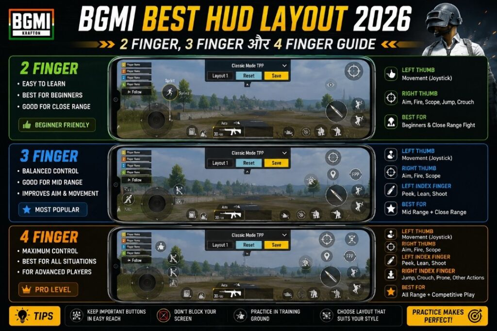 BGMI Best HUD Layout 2026 – 2 Finger, 3 Finger aur 4 Finger HUD Guide