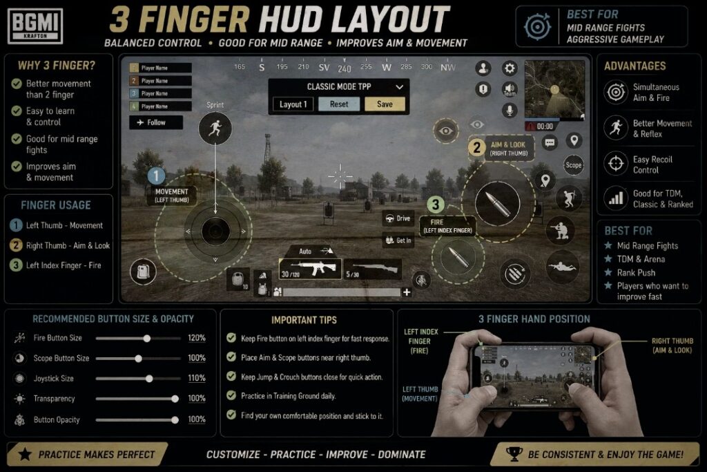 BGMI 3 Finger HUD Layout 2026 with optimized button placement for better gameplay