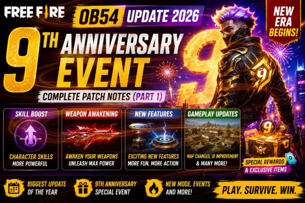 Free Fire OB54 Update 2026 9th Anniversary Event, Skill Boost aur Weapon Awakening Patch Notes