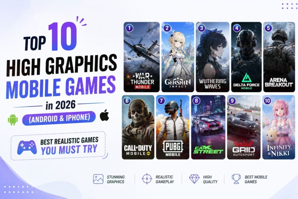Top 10 High Graphics Mobile Games in 2026 including Genshin Impact, Delta Force Mobile, PUBG Mobile, War Thunder Mobile and Wuthering Waves