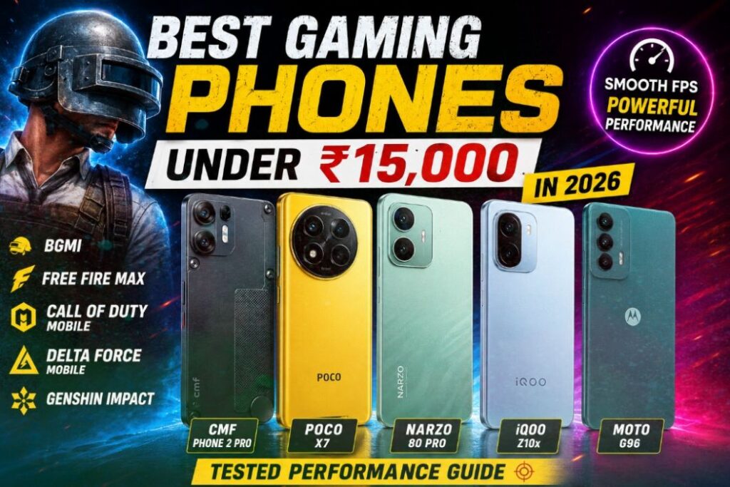 Best Gaming Phones Under ₹15,000 in 2026 thumbnail showing CMF Phone 2 Pro, Poco X7, Narzo 80 Pro, iQOO Z10x and Moto G96 with BGMI, Free Fire MAX and COD Mobile gaming focus.