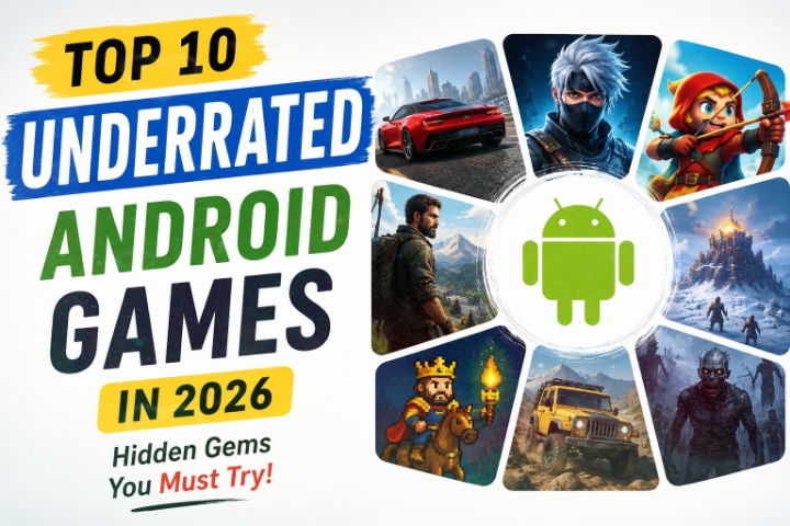 Top 10 underrated Android games in 2026 thumbnail featuring hidden mobile games, racing, survival and action game characters.