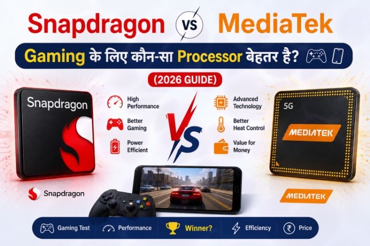 Snapdragon vs MediaTek gaming processor comparison chart showing FPS, heating, battery efficiency and gaming performance differences.
